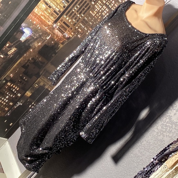 FREE PEOPLE - NWT - dress: black sequin l/s midi w adj. asymmetric skirt - L - Picture 3 of 16